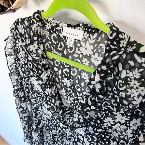 Topshop Black and White Floral Sheer Blouse with Ruffles Size M
